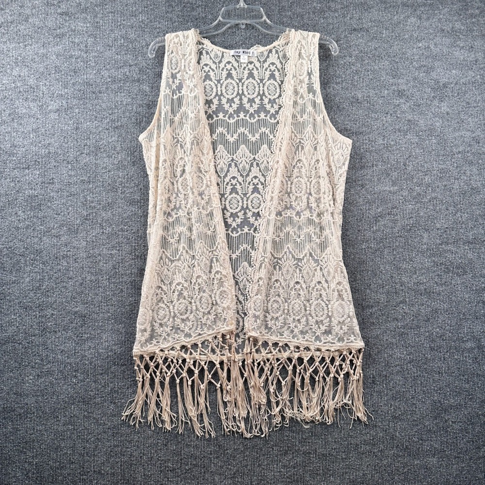 Say What? Women XL Beige Floral Lace Open Front Vest Macrame Fringe Boho Layer - Picture 1 of 9